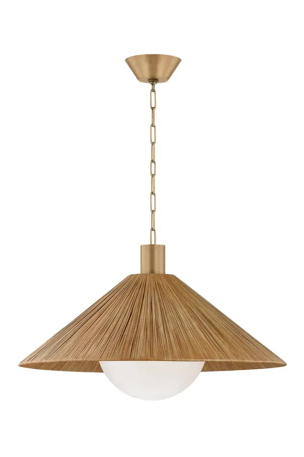 The Woodside pendant beautifully merges industrial RLM heritage with natural materials. Hand-woven rattan creates warm, textural lighting while the oversized etched glass globe adds sculptural presence. Perfect for coastal-modern or organic interiors.