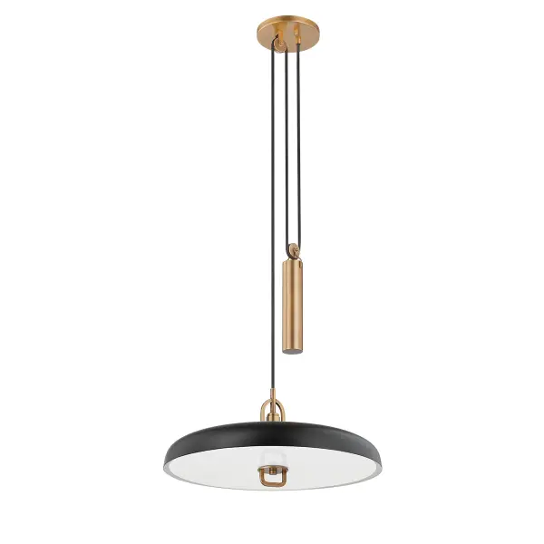 The Plummet LED Pendant combines modern aesthetics with vintage-inspired functionality. Its standout feature is the patina brass weighted pulley that allows height adjustment, making it versatile for various spaces and ceiling heights.