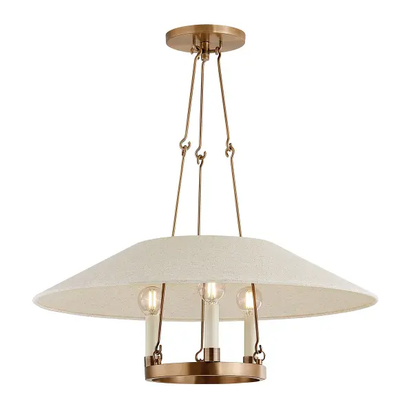 Archive reimagines the traditional candle chandelier with a fresh, airy aesthetic. The patina brass frame and natural linen shade create warmth while maintaining a light, modern feel perfect for today's transitional interiors.