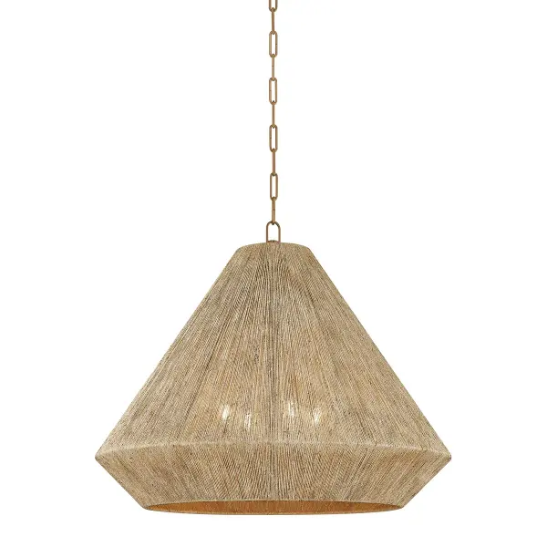 The Keats pendant makes a bold statement with its generous 30-inch scale and artisanal woven jute shade. The natural bleached jute paired with warm patina brass creates a light, organic aesthetic perfect for coastal and modern interiors.