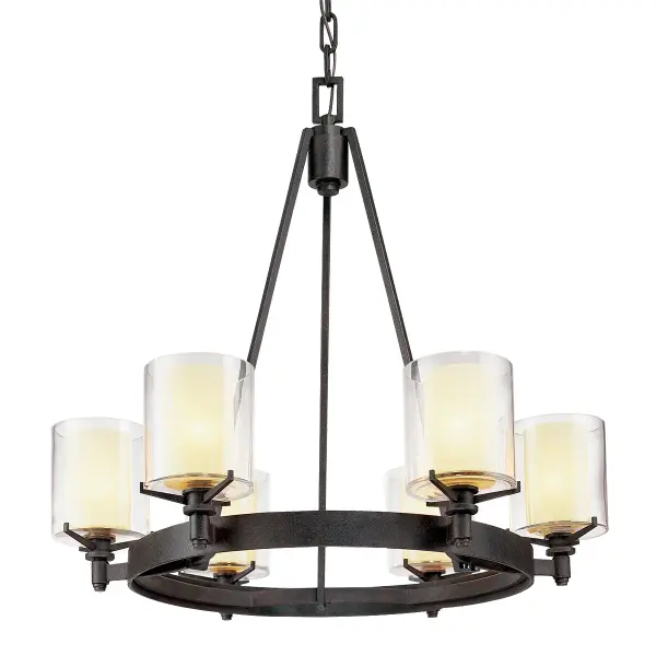 The Arcadia chandelier combines hand-worked iron craftsmanship with clear glass shades for a versatile fixture that bridges industrial and farmhouse aesthetics. Its 27-inch width makes it ideal for medium-sized spaces.