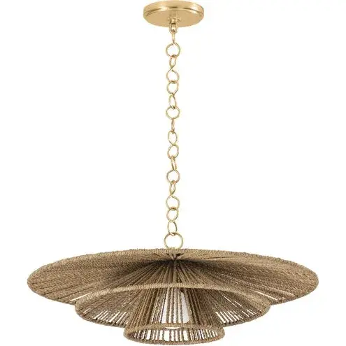 The Levan pendant creates visual drama through three nested layers of wrapped natural Abaca cord, forming a voluminous organic silhouette. The vintage gold leaf chain and hardware provide elegant metallic contrast against the natural texture.