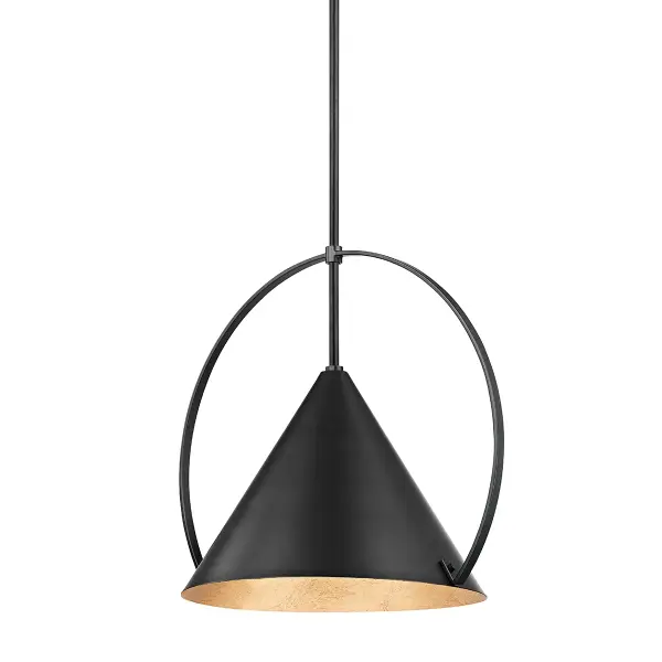 Mari transforms the classic cone pendant with an architectural circular arm that creates visual lightness while the gold leaf interior delivers warm, luxurious illumination. The dual-finish design offers sophistication unlit and stunning glow when illuminated.