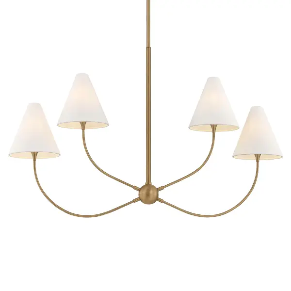 Evermore brings organic beauty to modern spaces with graceful arcing arms and mushroom-inspired silhouettes. The warm Patina Brass finish and soft linen shades create an inviting glow perfect for dining and gathering spaces.