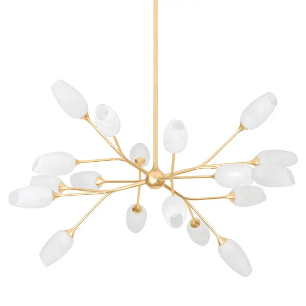 The Aldean 18-Light Chandelier transforms spaces with its nature-inspired design featuring dill plant-like stems and handcrafted cloud glass shades. The vintage gold leaf finish adds warmth while creating dramatic ceiling shadows when lit.