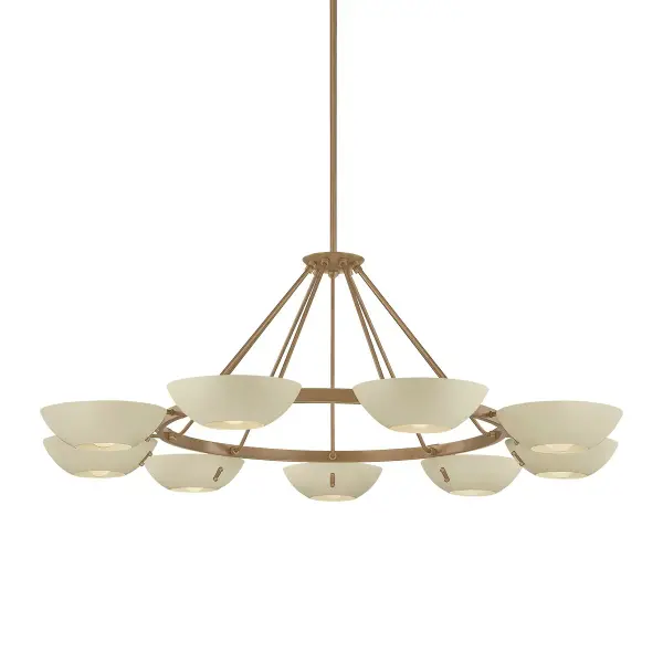 The Alturas chandelier delivers dramatic mid-century flair with 9 soft sand bowl shades orbiting a patina brass ring. Its 55-inch span commands attention in large spaces while maintaining elegant symmetry.