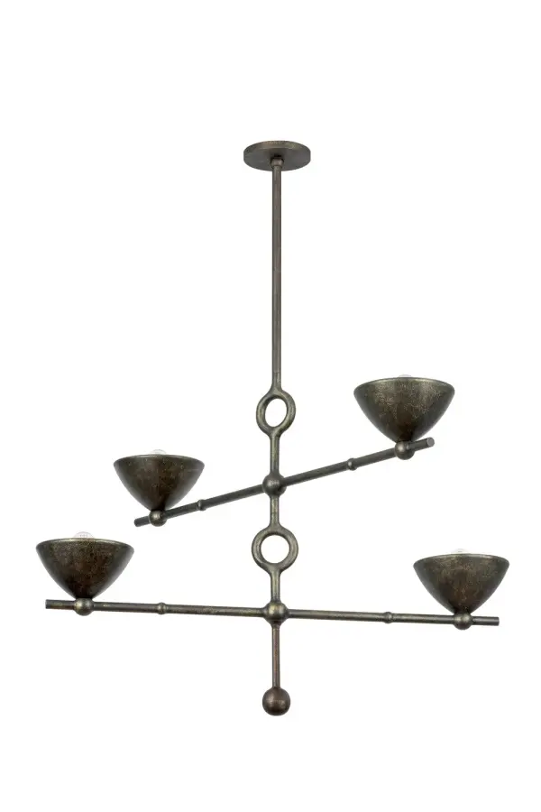 The Vishal chandelier brings gallery-worthy design to residential and hospitality spaces. Its Giacometti-inspired sculptural framework and hand-applied patinated finish create dramatic visual interest while the four dish-shaped shades provide warm ambient light.