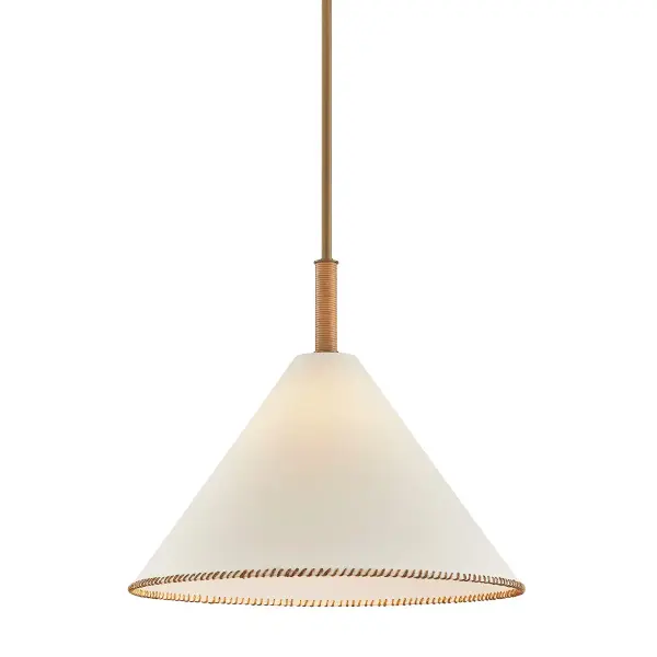 The Stoney pendant showcases exceptional craftsmanship with its white linen shade featuring contrasting whip-stitching and natural jute wrap details on a patina brass frame. At 24" wide, it provides substantial presence while maintaining an organic, approachable aesthetic.