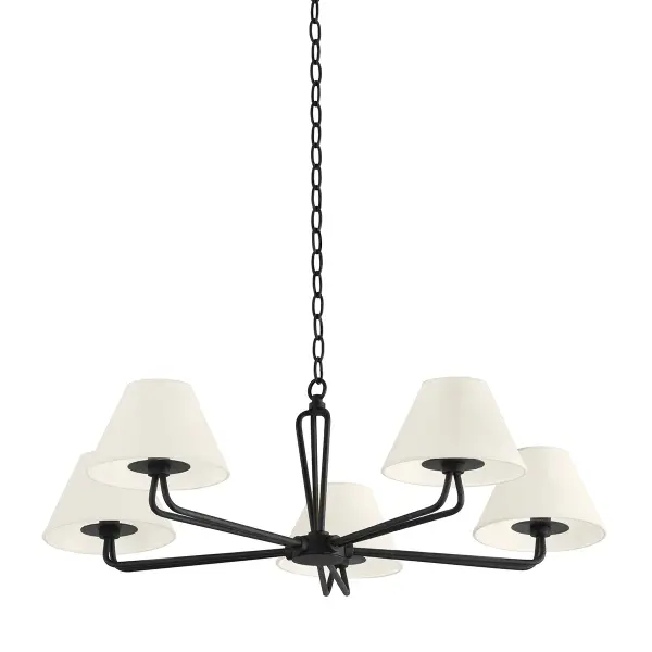 The Ozias chandelier combines contemporary design with warm ambiance through its distinctive double-arm configuration and soft cream linen shades. Its low-profile design makes it ideal for spaces with standard ceiling heights.