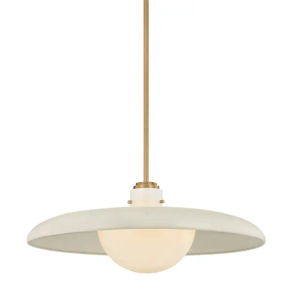 The Gustavo pendant masterfully blends retro RLM styling with contemporary updates. Its opal glass orb and patina brass accents create a warm, inviting glow perfect for mid-century and transitional spaces.