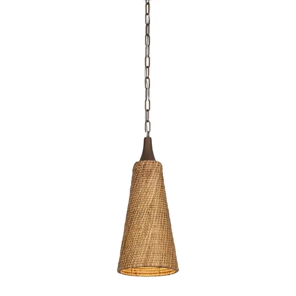 The Kenzo pendant combines natural wicker craftsmanship with contemporary hardware for a sophisticated organic look. The diagonally woven shade creates a striking moiré effect when lit, while the oversized Bronze Leaf finial adds bold visual weight.