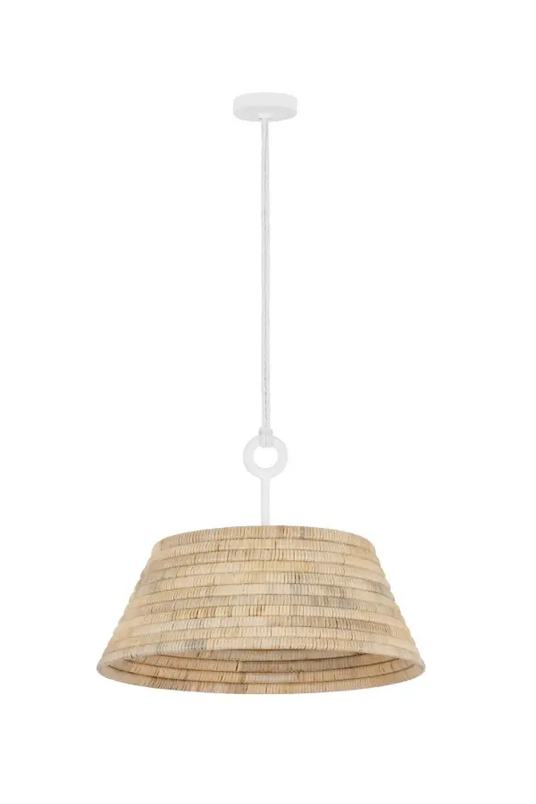 The Sequoia pendant brings organic warmth and coastal charm with its handwoven natural rattan shade and nautical-inspired basket design. The Gesso White finish on forged metalwork complements the earthy tones beautifully.