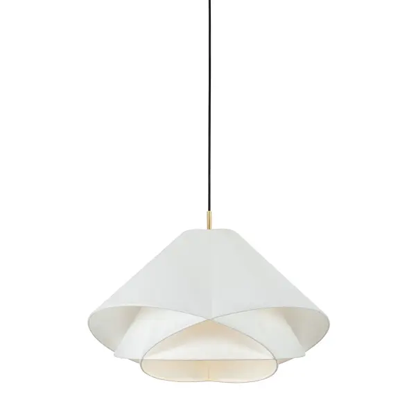 The Edna pendant showcases exceptional craftsmanship with its one-piece handmade paper shade featuring three intersecting geometric layers. The Vintage Gold Leaf finial adds warmth while the sculptural design creates dramatic shadows and ambient lighting.
