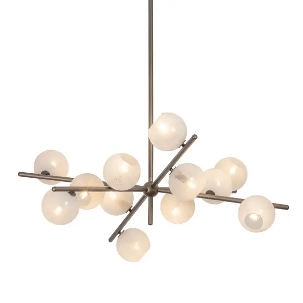 A stunning 12-light chandelier that reinterprets the classic sputnik design with an organic, asymmetrical arrangement. Bronze Leaf finish and seeded cloud glass globes create a celestial, dynamic focal point perfect for modern interiors.