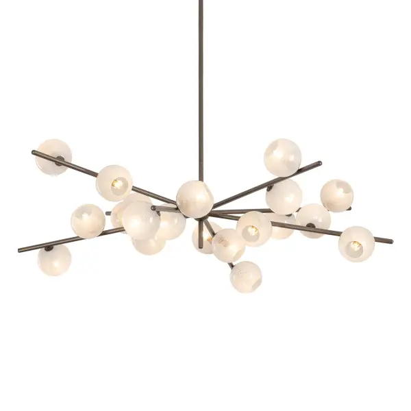 A show-stopping 20-light chandelier that reimagines the classic sputnik with an organic, asymmetrical arrangement. Bronze Leaf finish and seeded cloud glass globes create celestial drama perfect for grand dining or living spaces.