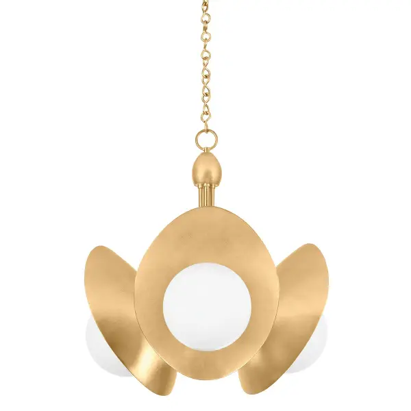 The Olson chandelier brings timeless glamour with its sculptural curved arms and pearl-like opal glass globes nestled in shell-shaped reflectors. The Vintage Gold Leaf finish adds warmth and sophistication to intimate spaces.