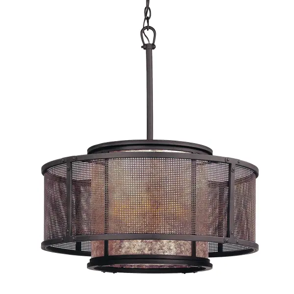 The Copper Mountain chandelier brings artisanal craftsmanship to any space with hand-worked iron construction and silver mica shades that diffuse light beautifully. Its 26-inch width makes it versatile for dining rooms and kitchen islands.