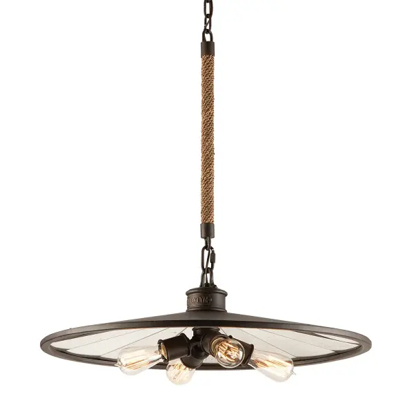 The Brooklyn chandelier combines hand-worked iron with antique mirror glass for authentic industrial style. Its 26-inch linear profile makes it perfect for dining tables and kitchen islands, while the heritage bronze finish adds warmth.