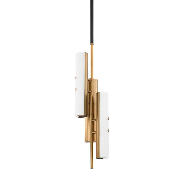 The Titus LED Pendant combines slender opal glass tubes with patina brass accents for a luxurious, modern aesthetic. Its compact 8.25" width makes it ideal for smaller spaces while delivering 1000 lumens of warm LED light.