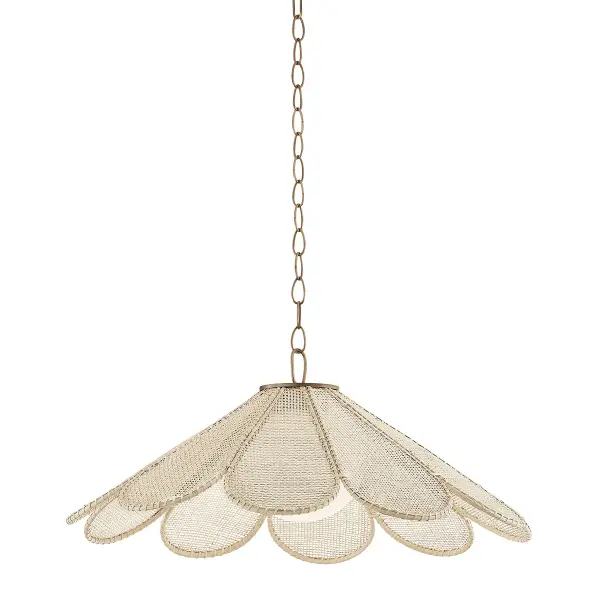The Petal pendant by designer Lauren Liess beautifully merges organic texture with refined metalwork. Handwoven rattan cane forms delicate petals around a glossy opal glass globe, creating soft, diffused light. The patina brass finish adds warmth and sophistication.