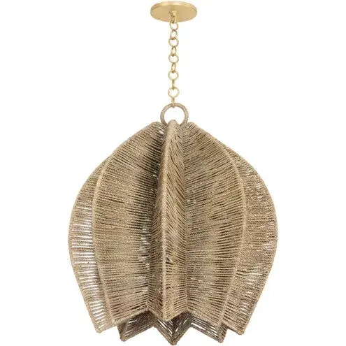The Valatie pendant brings organic warmth and artisanal charm to any space with its handcrafted natural Abaca rope shade and vintage gold leaf chain. Its intricate weave pattern creates beautiful light diffusion while adding textural interest.