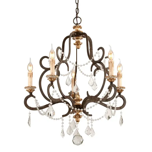 The Bordeaux chandelier brings Old World elegance with its hand-worked iron frame in Parisian Bronze finish and clear glass shades. At 27.5 inches wide, it's perfectly scaled for medium dining rooms and foyers.