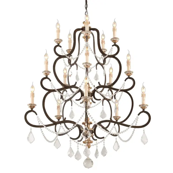 The Bordeaux chandelier brings dramatic European sophistication to grand spaces. Hand-worked iron in Parisian Bronze finish creates an authentic Old World aesthetic. With 15 lights spanning 43 inches, it commands attention in formal dining rooms and two-story foyers.
