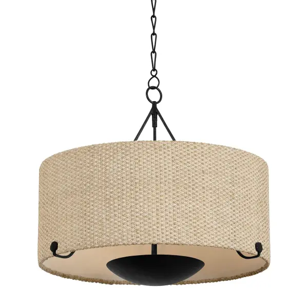 The Elias chandelier balances warmth and structure with its handwoven Saguran drum shade and clean Forged Iron frame. The modern bowl light source replaces traditional candles for a refined silhouette that works across transitional to contemporary spaces.
