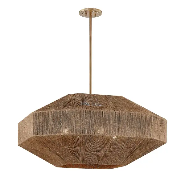 The Laken chandelier commands attention with its voluminous 35.5-inch jute-wrapped shade and antiqued brass metalwork. Hand-crafted artisanal construction creates unique texture and warmth, while the four-light pinwheel cluster provides powerful illumination for large spaces.