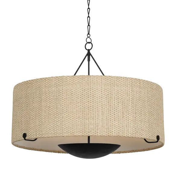 The Elias chandelier masterfully balances warmth and structure with its large woven Saguran drum shade and slender forged iron frame. The clean bowl light source modernizes the traditional chandelier silhouette while the natural materials add organic texture.