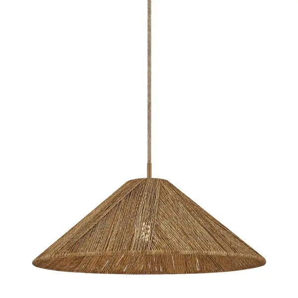 The Ahrens pendant brings artisanal warmth to any space with its hand-wrapped natural jute shade in a distinctive hatching pattern. Light filters beautifully through the weave, creating captivating shadows and ambient glow.