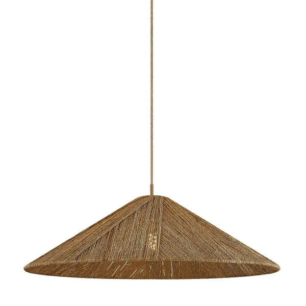The Ahrens pendant showcases exceptional craftsmanship with its hand-wrapped natural jute shade in a distinctive hatching pattern. The woven texture creates beautiful shadow play when lit, bringing warmth and organic character to any space.