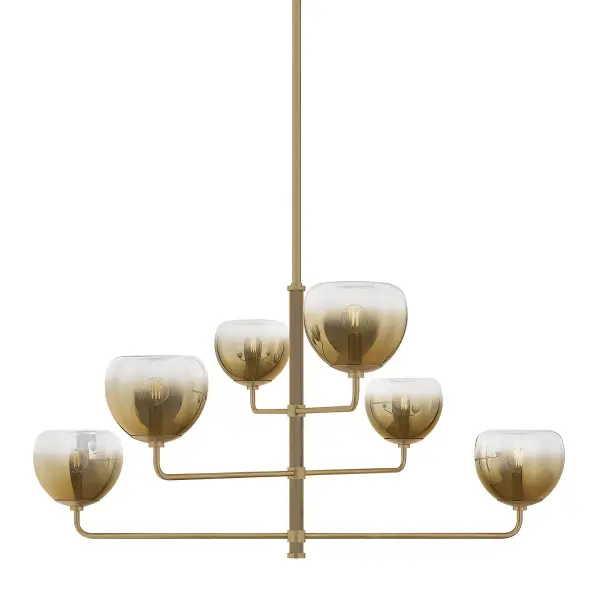 The August chandelier masterfully blends modern geometry with classical elegance through its linear framework and soft rounded glass forms. The patina brass finish and vertically fluted stem add refined detail.