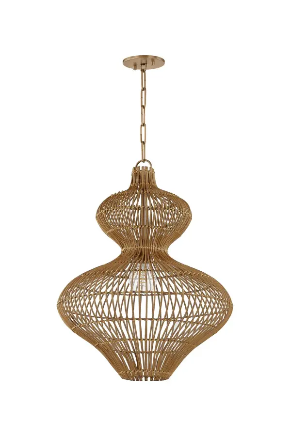 The Irvine pendant masterfully blends traditional Vietnamese lantern design with modern sculptural form. Its two-tiered rattan weave creates beautiful light diffusion and shadow play, while the patina brass finish adds warmth and sophistication.