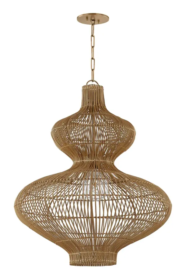 The Irvine pendant masterfully blends traditional Vietnamese lantern design with modern sculptural form. Its two-tiered rattan weave creates beautiful light diffusion and shadow play, while the patina brass finish adds warmth and sophistication.