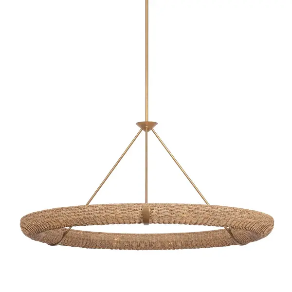 Floyd brings organic warmth to grand spaces with its 52-inch woven abaca shade and refined Patina Gold Leaf accents. The 12-light configuration delivers substantial illumination while the handcrafted natural materials create visual interest and texture.