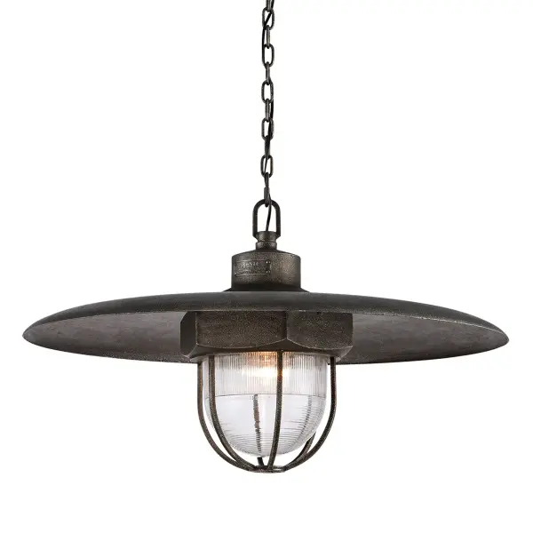 The Acme pendant delivers dramatic scale and industrial sophistication with its 32-inch linear profile in aged pewter. Clear glass shades showcase vintage-style bulbs while solid aluminum construction ensures lasting durability.