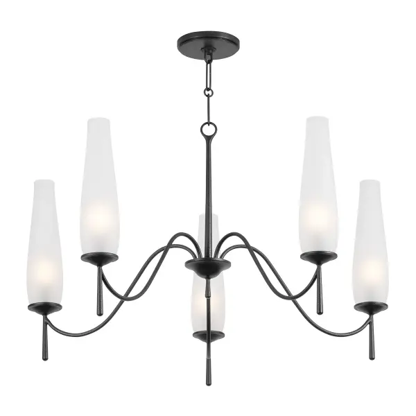 The Legacy chandelier reimagines the classic hurricane lamp with gracefully curved arms and etched glass shades that soften light beautifully. Designer Lauren Liess brings historic elegance through antique tail details and rich forged iron finish.