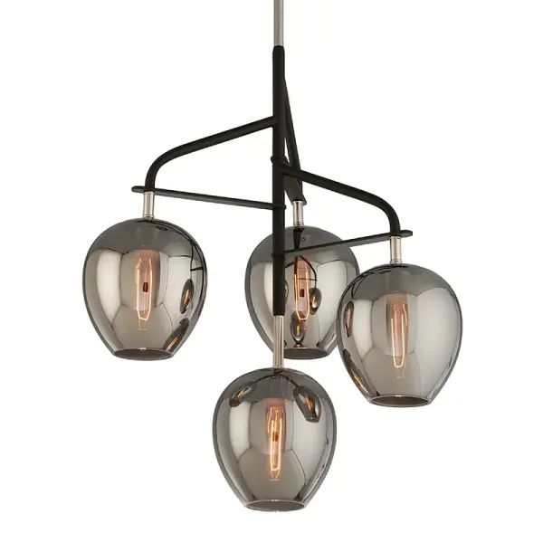 The Odyssey chandelier combines hand-worked iron in textured black with plated smoked glass for a striking contemporary look. Its 24-inch square profile and adjustable hanging height make it versatile for dining rooms and kitchen islands.