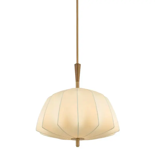 The Flinders pendant reimagines mid-century lantern design with a faceted cream polymer fabric shade that creates soft, dimensional lighting. The Patina Brass suspension with turned oak wood detail adds warmth and sophistication.