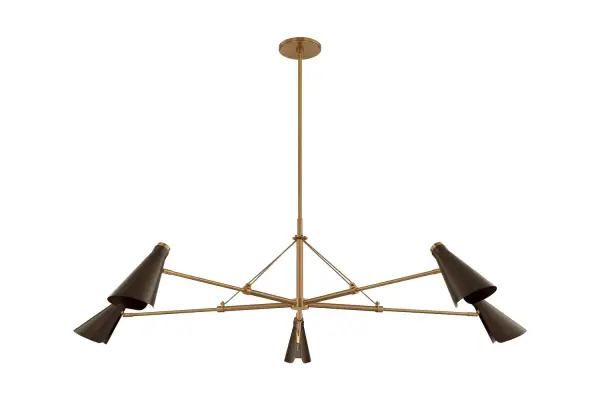 Inspired by iconic Serge Mouille designs, this oversized 5-light chandelier commands attention with its cantilevered arms spanning nearly 70 inches. The mixed Patina Brass and Bronze finishes create visual depth while exposed bulbs add industrial authenticity.