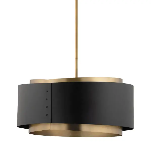 The Roux pendant reimagines the classic drum shade with sculptural metal bands that create dynamic visual movement. Its two-tone Patina Brass and Soft Black finish adds industrial sophistication to modern spaces.