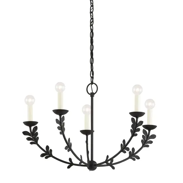 The Florian chandelier brings nature-inspired design indoors with delicate leaf accents and circular glass shades. Its 28-inch width makes it versatile for dining rooms and kitchen islands, while the Black Iron finish adds modern sophistication.