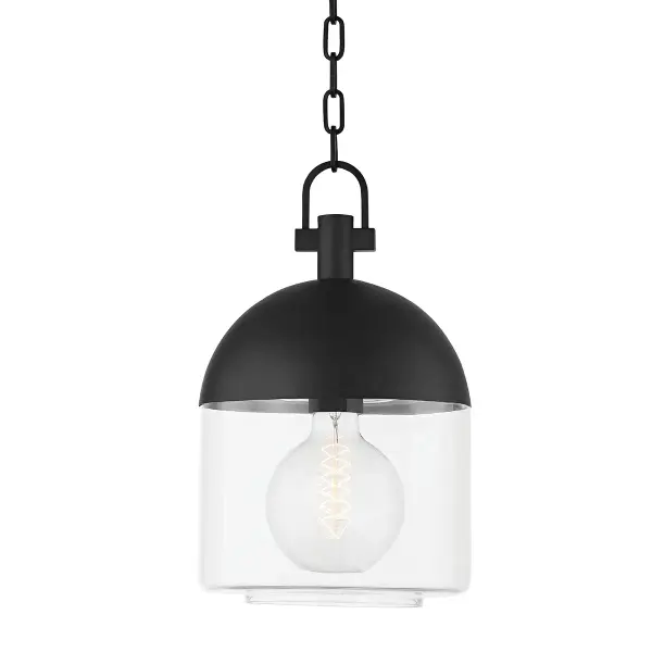 The Zephyr outdoor pendant brings retro-modern charm to exterior spaces with its distinctive dome silhouette and textured black finish. Wet-rated for full weather exposure, it pairs clear glass with aluminum construction for lasting performance.