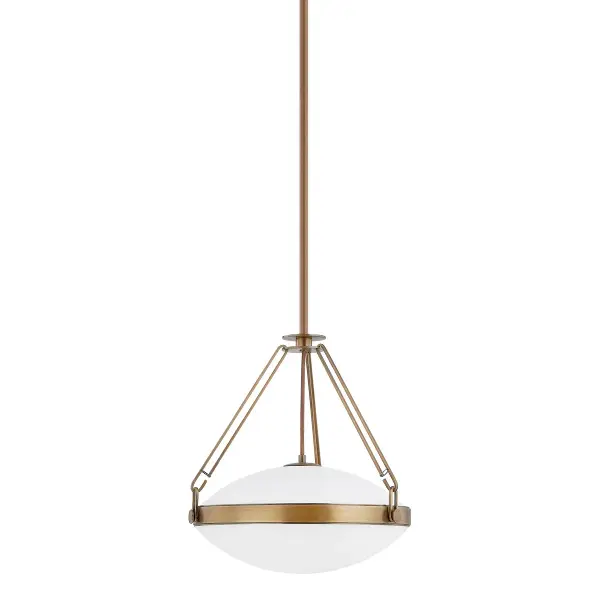 The Kade pendant masterfully blends industrial metalwork with nostalgic design elements. Its distinctive triple-loop suspension and patina brass finish create visual interest while the opal matte glass provides warm, diffused light.