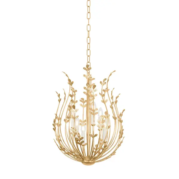 The Delmore chandelier brings nature indoors with its delicate leaf-detailed stems and vintage gold finish. Its compact 20-inch width makes it perfect for smaller dining spaces while delivering substantial visual impact through its botanical design.