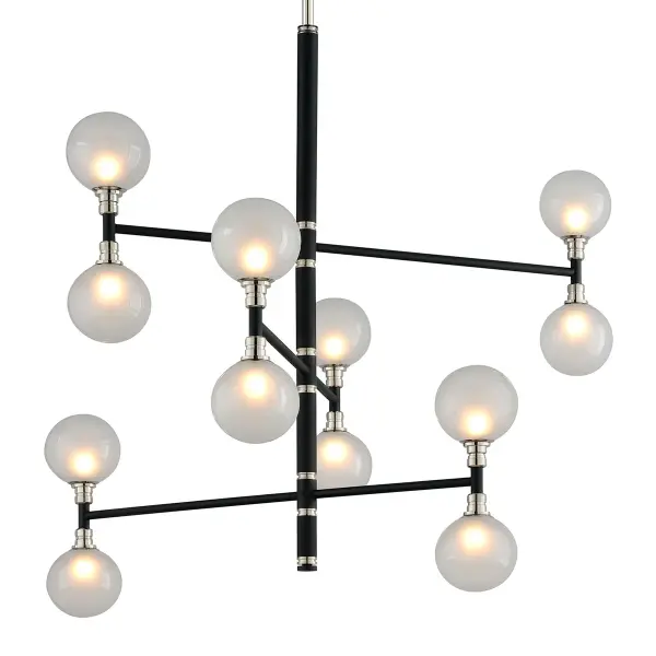 The Andromeda makes a bold architectural statement with its 42-inch span and 12 LED lights. Hand-worked iron construction in textured black finish creates visual drama while clear etched glass diffuses light beautifully.