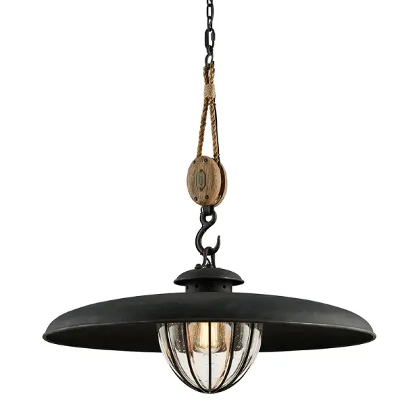 The Murphy pendant delivers authentic industrial style with hand-worked forged iron construction and a generous 32-inch scale. Clear glass showcases vintage-style bulbs while the substantial iron framework adds architectural presence.