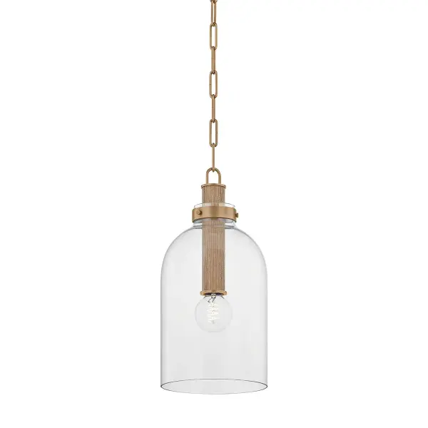 The Kori pendant masterfully blends Japanese minimalism with industrial accents. Its clear glass cloche shade and unique grass cloth-wrapped center tube create visual interest while maintaining simplicity. Perfect for multiples.