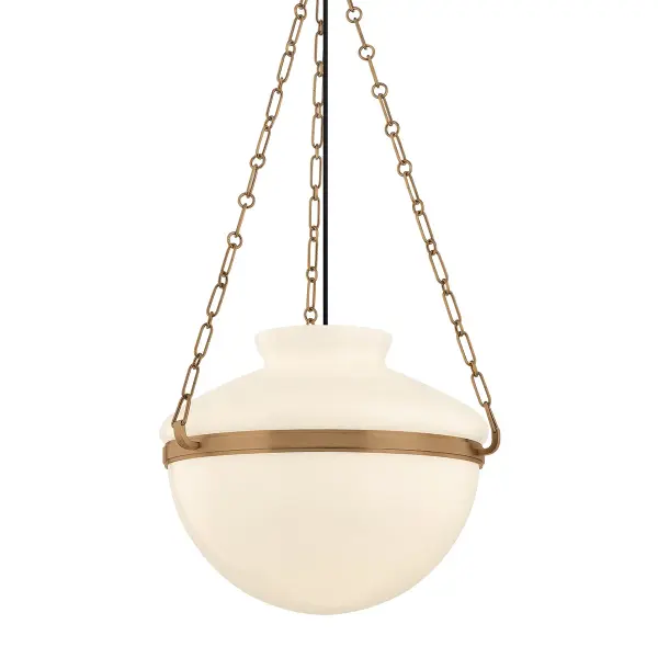Paradigm transforms the traditional student lantern into a contemporary statement piece. The generous 19-inch opal glass shade paired with chunky chain detailing creates sculptural presence while maintaining timeless appeal.